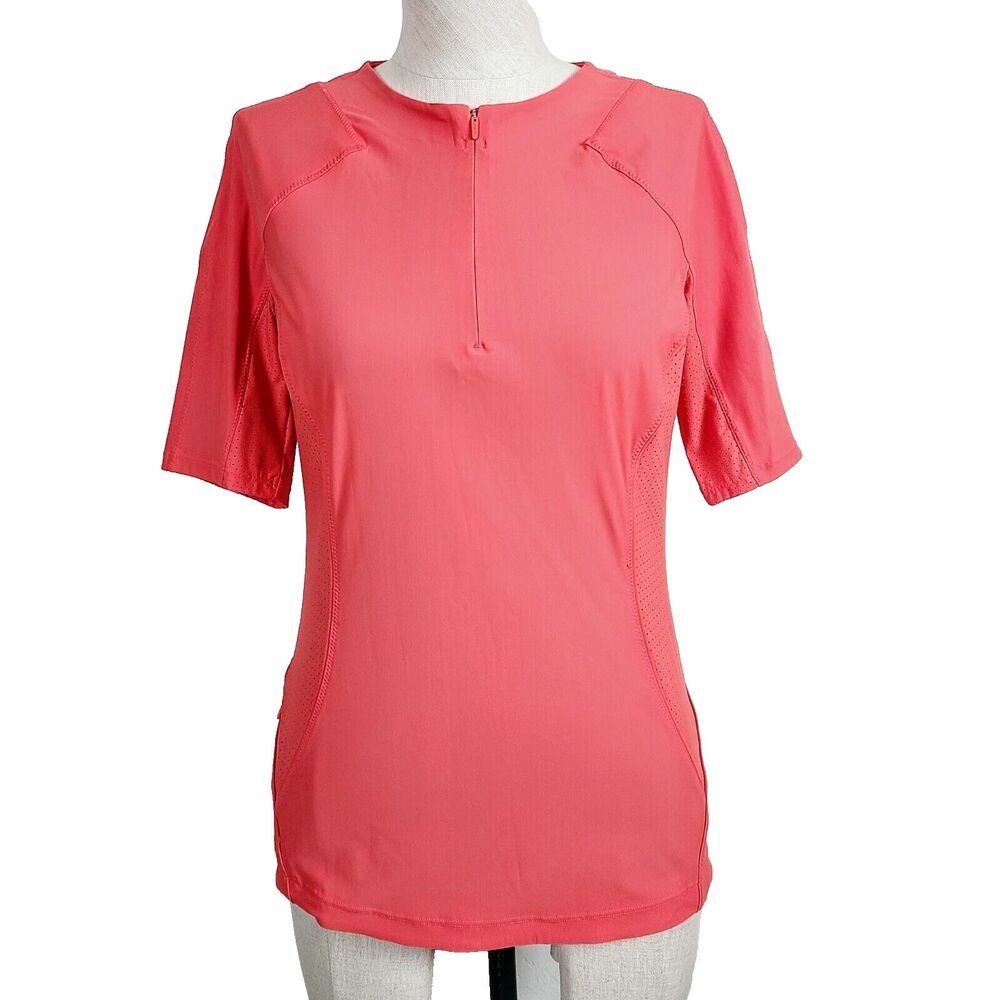 Athleta Womens Top Top Size S Coral Orange Perforated Zip Front Short Sleeve
